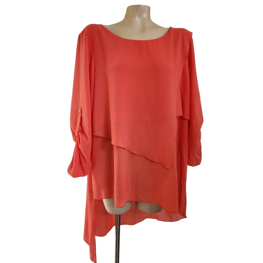 Cartise Coral Pink Chiffon Layered‎ High Low Tab Sleeve Blouse 16 contemporary